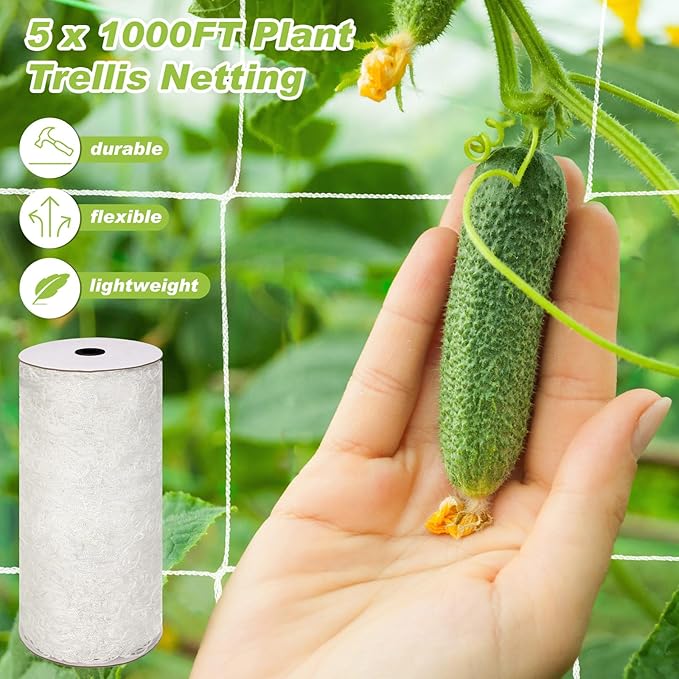 Berlune 5 x 1000 ft Trellis Netting Roll Soft Mesh Nylon Heavy Duty Garden Trellis Netting Bulk for Climbing Plants, Grape Racks, Growing Support Bean, Pea, Tomatoes