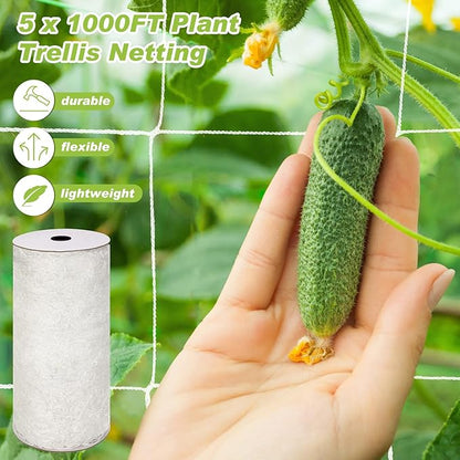 Berlune 5 x 1000 ft Trellis Netting Roll Soft Mesh Nylon Heavy Duty Garden Trellis Netting Bulk for Climbing Plants, Grape Racks, Growing Support Bean, Pea, Tomatoes
