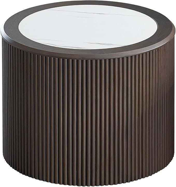 kevinplus Round Faux Marble Side Table Wood End Table for Living Room, Modern Contemporary Embossment Fluted Style, No Assembly (Dark Brown, ø23.62'' x 18.5'')