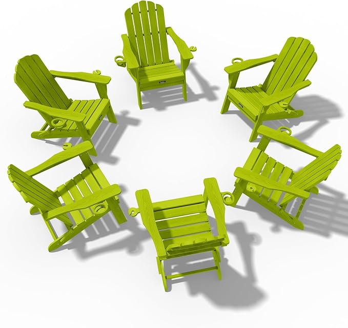 Adirondack Chairs Set of 6, Fire Pit Chairs, Wood Texture Patio Chairs with 2 Cup Holder, Outdoor Lawn Chair, LemonGreen