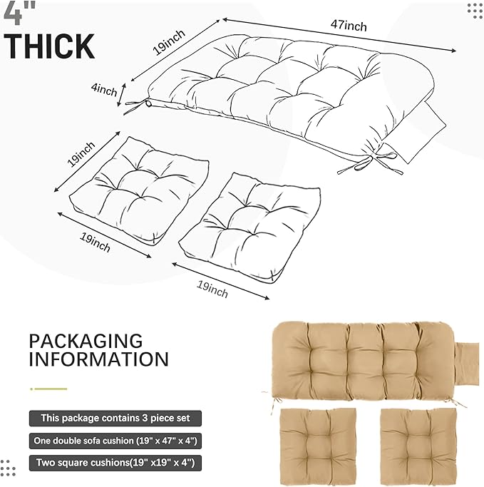 3 Pcs Wicker Chair Cushions Patio Loveseat Chaise Cushion Set - 1200D 47x19*4 Inch Waterproof Wicker Bench Cushions with 2 19x19x4 Inch Chair Cushions for Garden Porch Wicker Patio Furniture(Khaki)