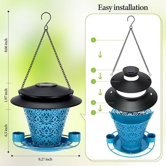 Solar Bird Feeders for Outside Hanging Metal Wild Bird Feeder Solar Lanterns Outdoor Waterproof Garden Decor for Yard Blue