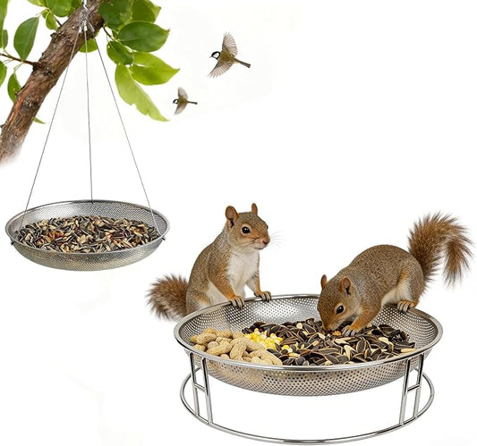 13-Inch Ground Feeding Platform for Birds, Squirrels, Ducks, Chicken, Stainless Steel Bird Feeders Combination with Additional Hanging Mesh Tray, Attracting Small Creatures for Backyard, Patio