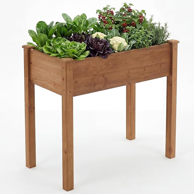 NEWBULIG Raised Garden Bed with Legs 34x18x30in,Elevated Wood Planter Box Stand for Outdoors Garden Balcony Courtyard, Natural Wood 400 Pound Capacity, for Planting Herbs Flowers Vegetables, Brown