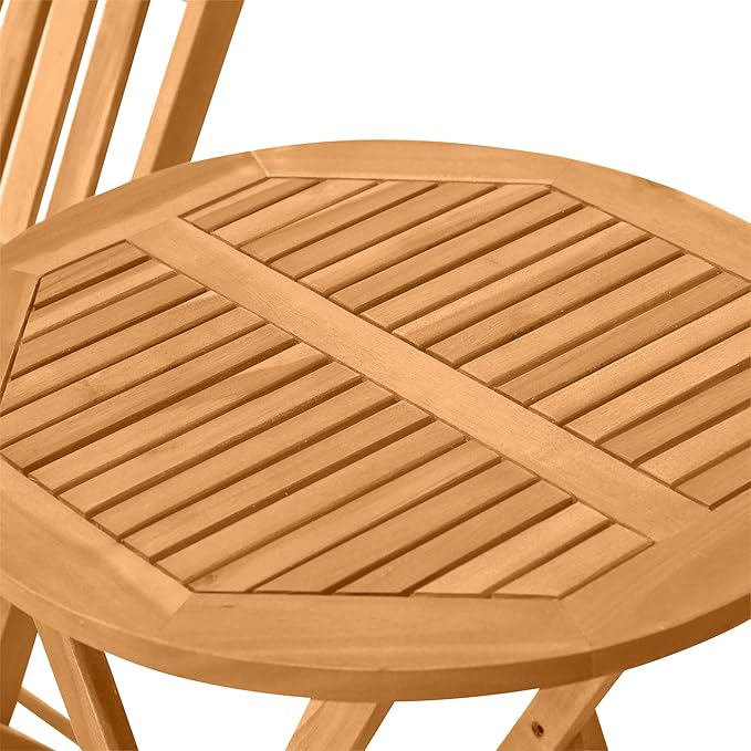 Outsunny 3-Piece Acacia Wood Bistro Set, Folding Patio Furniture with 2 Folding Chairs and Round Coffee Table, Teak, Slatted Finish, for Backyard, Balcony, Deck, Natural