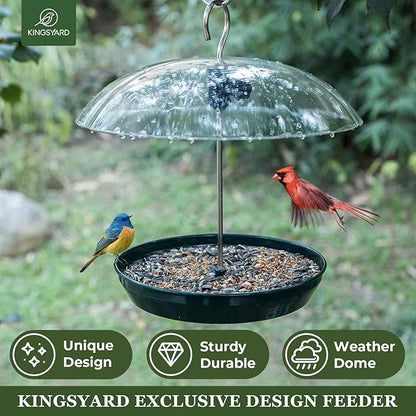 Kingsyard Adjustable Platform Bird Feeder for Outdoors, Hanging Metal Seed Tray with Clear Rain Proof Dome, Large Capacity for Wild Bluebird Cardinal Dove Mealworm, Green