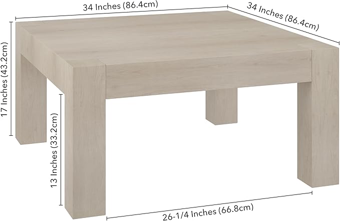 Henn&Hart 34" Square Coffee Table with Wood Top for Living Room, Family Room, Office, or Apartment, Alder White