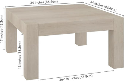 Henn&Hart 34" Square Coffee Table with Wood Top for Living Room, Family Room, Office, or Apartment, Alder White
