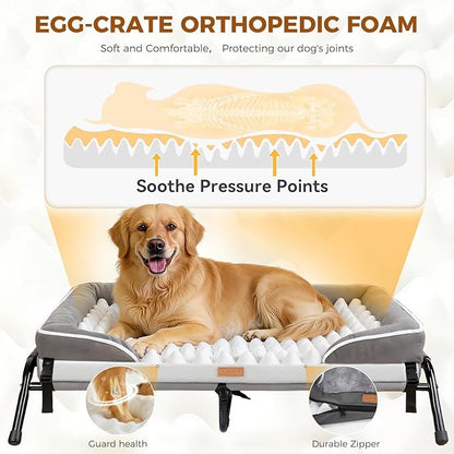 Lekereise Raised Outdoor Large Dog Bed Cot + Orthopedic Indoor Dog Sofa Bed, 2-in-1 Design,43 x 32 Inch Cooling Elevated Puppy Bed with Egg-Crate Orthopedic Foam Load 110lbs