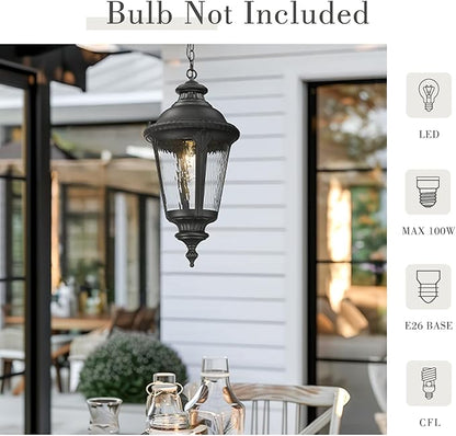 Emliviar Large Outdoor Pendant Lights for Porch, 25" Black Exterior Hanging Lantern with Water Ripple Glass, XE265H-SW BK