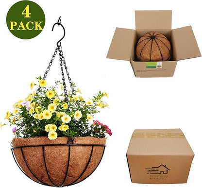 4 Pack 10 inch Metal Hanging Planters Basket with Coco Coir Liner Outdoor-Hanging Baskets for Plants Outdoor,Metal Wire Baskets with Window Box Planters, Hanging Flower Pots for Railings