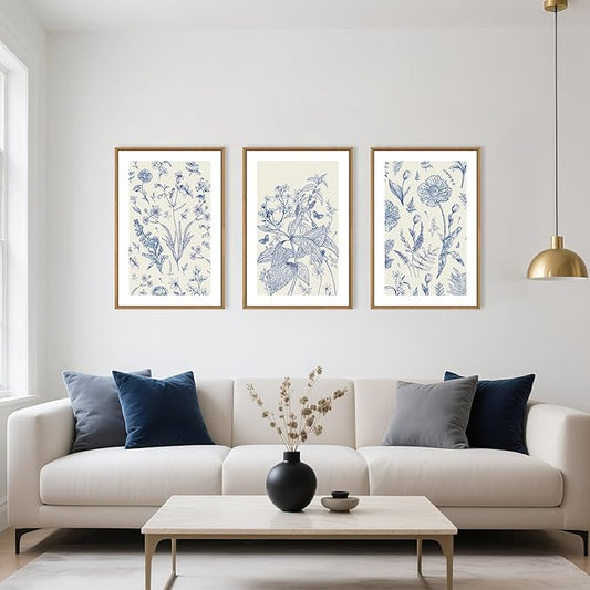 KAIRNE Navy Blue and White Floral Framed Canvas Wall Art Set,Chinoiserie Flower Wall Decor,Watercolor Botanical Art Prints,Modern Wildflower Artwork for Living Room,Bedroom,Farmhouse,Office-16 x24 x3