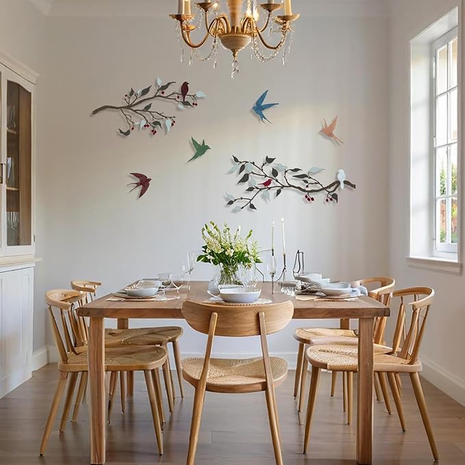 Harikikochuu 4PCS Metal Birds Wall Decor, Birds on the Branch Silhouette Art, Metal Leaves with Bird Outdoor Hanging Wall Sculpture for Home Office Balcony Garden Decor.（Colorful,Swallow）