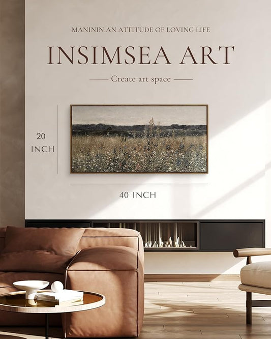 InSimSea Extra Large Framed Vintage Wall Art, Living Room Country Farmhouse Decor, Flower Meadow Landscape Paintings, Canvas Prints, Retro Scenery Long Pictures for Bedroom Above of Bed,20x40inch