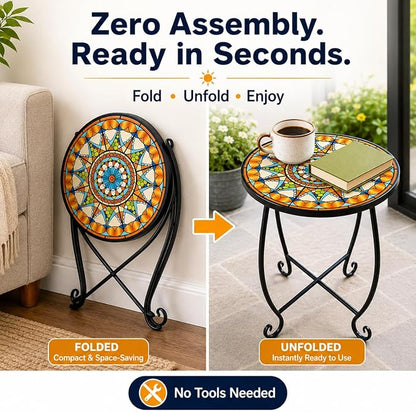 Set of 2 Mosaic Outdoor Side Tables Round, 15 Inch Height - Small Patio Table Set, Foldable Sun Pattern Metal Plant Stands for Garden, Balcony & Yard (Mosaic Sun, 2 Pack)