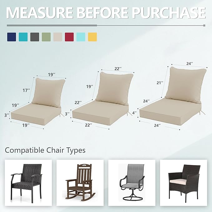 22x22 Inch Patio Chair Cushions Set of 2, Outdoor Furniture Cushions - Removable Cover, Water-Repellent, Fade-Resistant, Non-Slip Bottom & Straps, Replacement for Lawn, Porch & Deck Chair - Cream