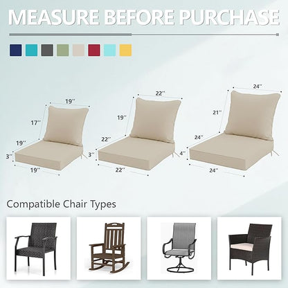 24x24 Inch Outdoor Chair Cushions Set of 4, Patio Furniture Cushions - Removable Cover, Water-Repellent, Fade-Resistant, Non-Slip Bottom & Straps, Replacement for Deep Seat Sofa & Couch - Cream