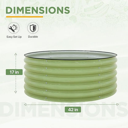 EAGLE PEAK 42'' Round 17'' Tall Raised Garden Bed Planter, Outdoor Galvanized Metal Planter Box for Vegetables, Flowers, Herbs, Olive Green