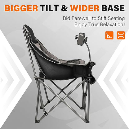 Camping Chairs for Adults-Oversized Extra Large Lawn Chair,Folding Comfy Padded Chair w/Phone Holder,Side Pocket,Cup Holder for Outdoor,Wide&Thick,Heavy Duty 400Lbs,Black