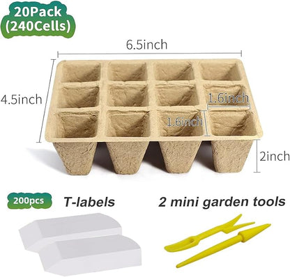240 Cells Seed Starter Tray, 20 Pack Biodegradable Peat Pots with 200 Labels, Plant Starter Kit for Seedlings