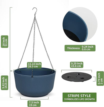 Dexceder 11.2 Inch Self Watering Hanging Planters Indoor Outdoor, Thickened Hanging Basket Flower Plant Pot (2 Pack, Deep Blue)