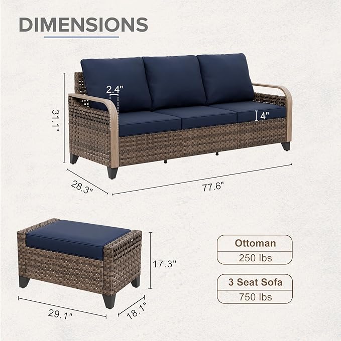 COOS BAY Modern Wicker Outdoor Furniture Set, Patio Conversation Set with 3 Seat Couch, and Ottomans, 3 Piece, Brown/Blue
