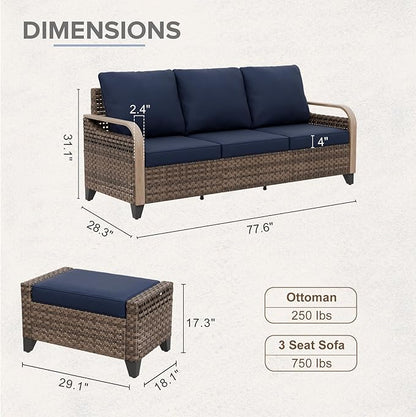 COOS BAY Modern Wicker Outdoor Furniture Set, Patio Conversation Set with 3 Seat Couch, and Ottomans, 3 Piece, Brown/Blue