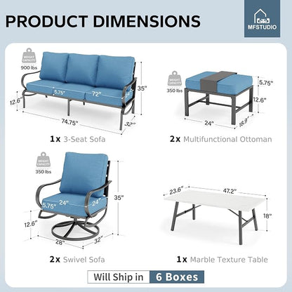 MFSTUDIO 6 Pieces Metal Patio Furniture Sets, 2 Swivel Chair, 1 Deep Seating 3-Seat Sofa, 2 Ottoman & 1 Marbling Coffee Table, All Weather 7 Seats Outdoor Conversation Set for Garden Backyard, Navy