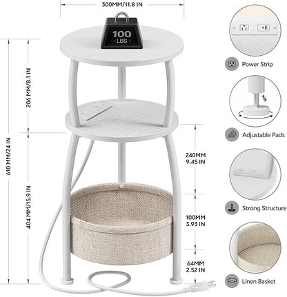 Round Side Table, 3-Tier End Table with Power Outlets, Small Table with Storage Basket, Coffee Table Sofa Side Table for Small Spaces, Nightstand for Living Room Bedroom, 11.81in, Matte White