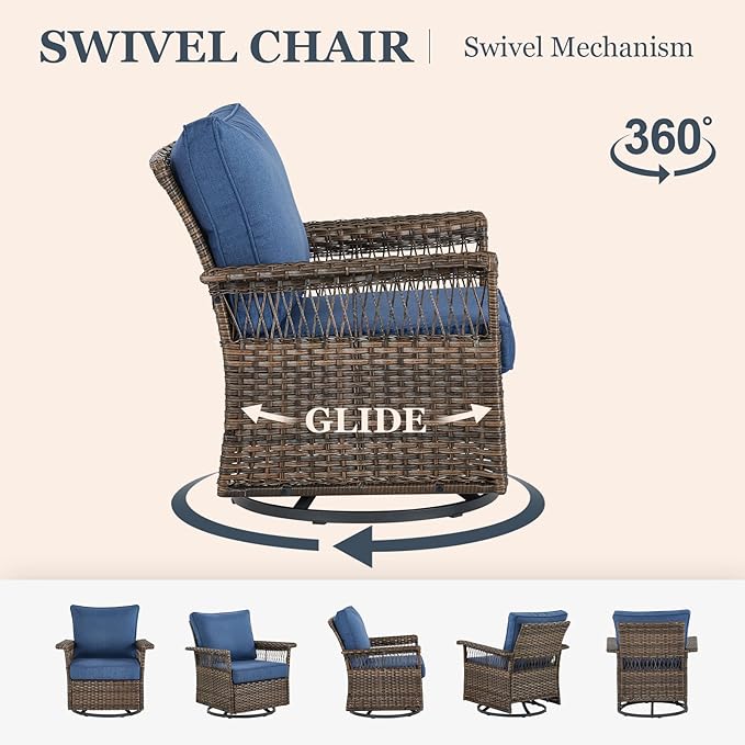 Patio Furniture Set 2 Wicker Swivel Glider Chairs with 2 PE Rattan Ottomans Brown Wicker Blue Cushions Patio Conversation Set 4pcs for Garden Balcony Sunroom Backyard