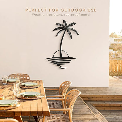Metal Palm Tree with Sunset Wall Art, Large Outdoor Wall Decor, Tropical Beach Decor for Living Room, Bedroom, Garden Home Wall Sign, Perfect Metal Wall Art for Beach House (Black, 48 x 40 inches)