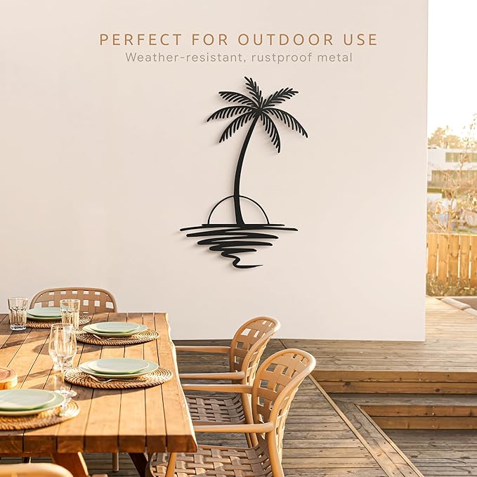 Metal Palm Tree with Sunset Wall Art, Large Outdoor Wall Decor, Tropical Beach Decor for Living Room, Bedroom, Garden Home Wall Sign, Perfect Metal Wall Art for Beach House (Black, 24 x 19 inches)