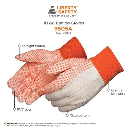 9505A Canvas Textile Work Gloves, 10 oz Cotton/Polyester with Orange PVC Dots, Knit Wrist, General-Purpose | Men's, One Size Fits Most, Pack of 12