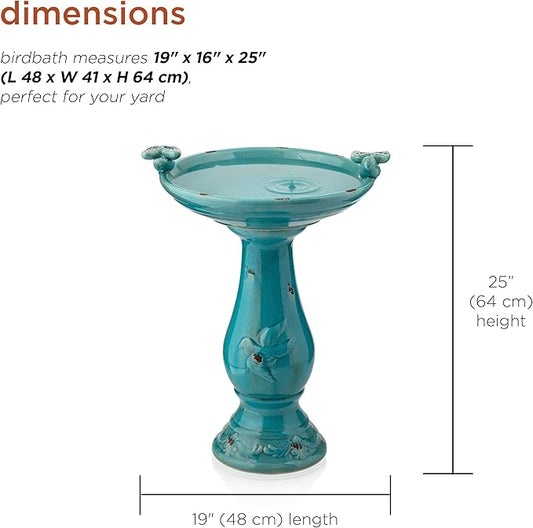 Alpine Corporation 25" Tall Outdoor Ceramic Antique Pedestal Birdbath with 2 Bird Figurines, Turquoise