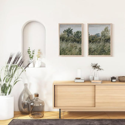 Framed Vintage Canvas Wall Art Nature Scenery Tranquil Outdoor Greenery Poster Picture Countryside Painting Natural Landscape Modern Home Print Living Room Gallery Ready to Hang 16x24 inches x2