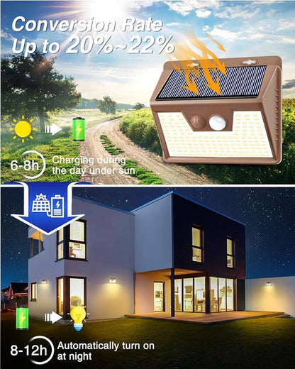 Peasur Solar Lights Outdoor Motion Sensor Waterproof, 3Pack 140LED Brown Solar Powered Fence Light, 3 Modes Security Wall Lights for Garden Yard Outside(Warm White)