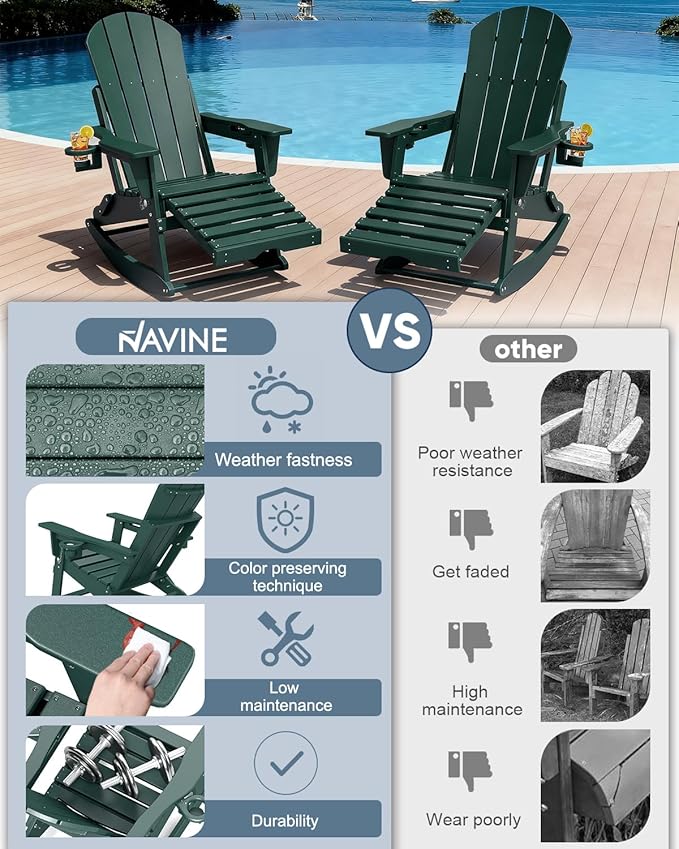 Adirondack Rocking Chairs Set of 2 with Retractable Ottoman, All Weather Folding Adirondack Chair with Two Cup Holders, Adirondack Outdoor Rocking Chairs for Porch, Patio, Balcony. Dark Green