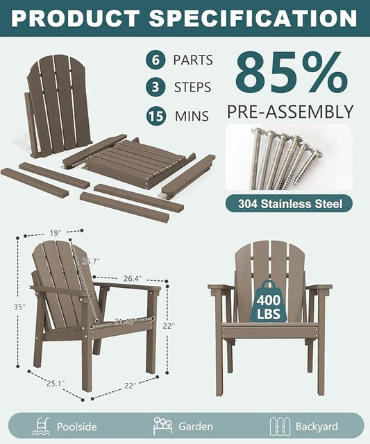 Adirondack Chair, All Weather HDPE Fire Pit Chairs, Oversized Plastic Adirondack Chair for Outdoor, Balcony, Deck, Backyard, Patio, Garden, Poolside, Lawn Brown