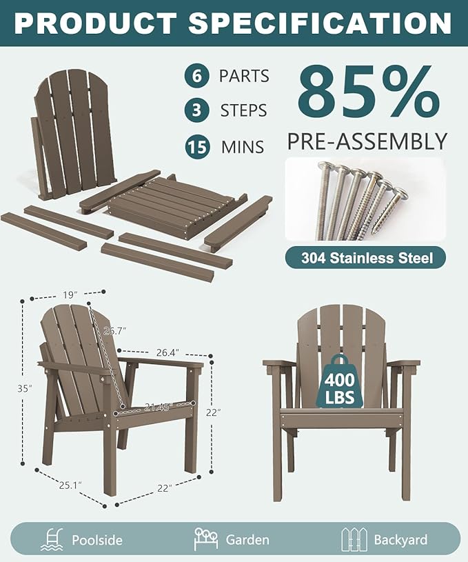 Adirondack Chair Set of 6, All Weather HDPE Fire Pit Chairs, Oversized Plastic Adirondack Chair for Outdoor, Balcony, Deck, Backyard, Patio, Garden, Poolside, Lawn Brown