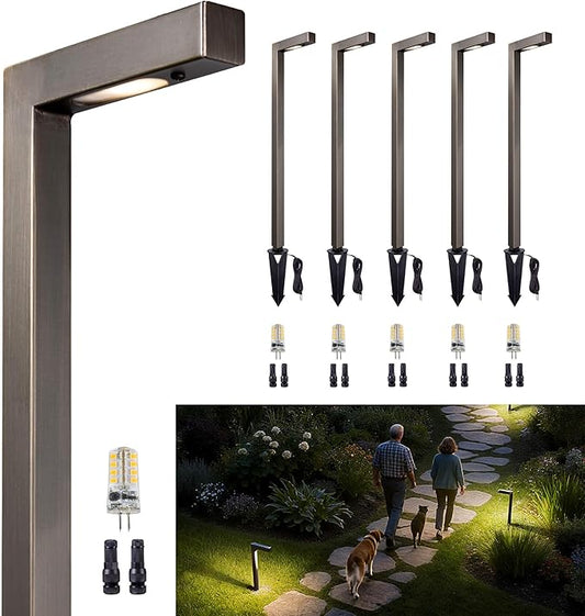 Gardenreet Solid Cast Brass Pathway Lights, 12v Landscape Path Light Outdoor Waterproof, Electric Walkway Lights Wired, L-Shape Antique Bronze Garden Lawn with 3W 3000K Soft White G4 Bulb (6 Pack)