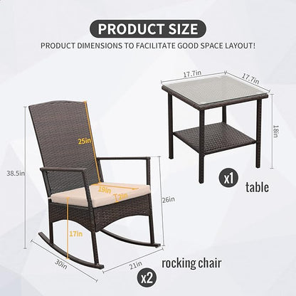 Outdoor PE Wicker Rocking Chair 3-Piece Patio Rattan Bistro Set 2 Rocker Armchair and Glass Coffee Side Table Furniture Washable Lacing Khaki Cushions