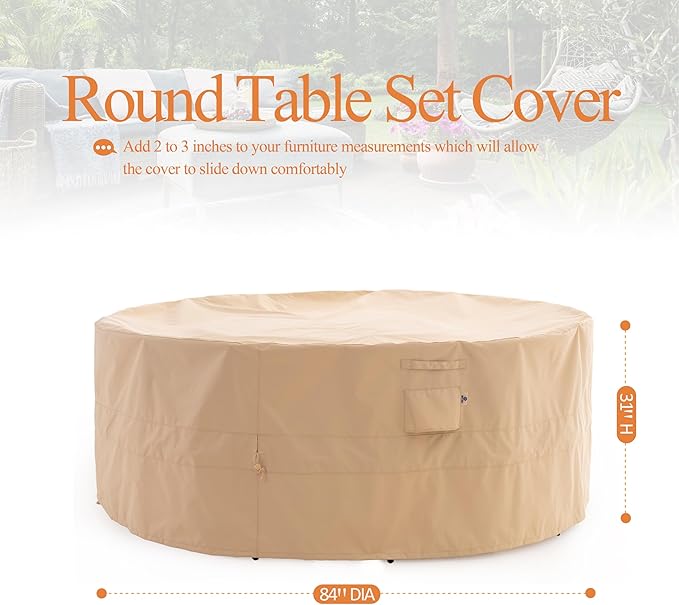 WJ-X3 Round Patio Furniture Cover, 84" D x 31" H, Waterproof, UV Resistant, Anti-Fading Outdoor Cover for Round Dining Table and Chairs Set, Beige