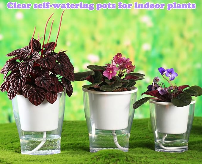 5-Pack 4.3 Inches Clear Self-watering Pots Small African Violet Planters Plastic Plant Pots Wicking Flower Pots for Indoor Plants, Herbs, African Violet, Ocean Spider Plant, Orchid Pot, Garden Pots