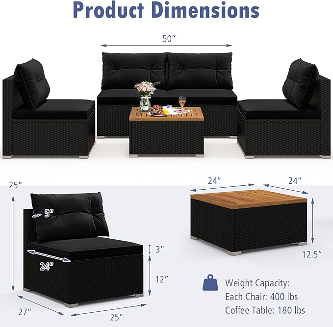 RELAX4LIFE 5-Piece Wicker Outdoor Furniture - PE Rattan Sectional Conversation Set w/4 Armless Sofas & Acacia Wood Coffee Table, Cushioned Patio Sofa Set for Garden Poolside Backyard Porch (Black)