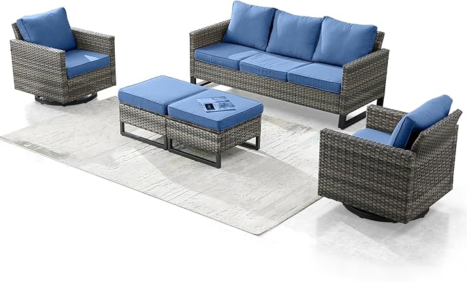 Rilyson Wicker Outdoor Patio Furniture Set - 5 Piece Patio Conversation Set with 2 Swivel Rocker Chairs,2 Rattan Ottoman and 1 Couch for Outside Porch Deck Backyard Garden(Mixed Grey/Blue)