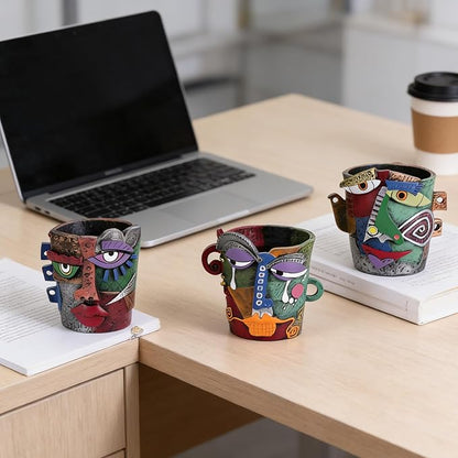Funny Abstract Art Face Mini Planter Pots Set of 3, Unique & Colorful Hand-Painted Resin Succulent Pots for Indoor Decor, Shelf, Desk, Windowsill