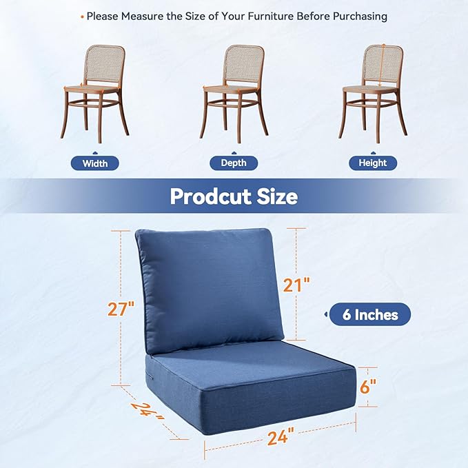 Luxury 6" Outdoor Cushions for Patio Furniture, 24x24x6" Thick Seat Cushion Set of 6, Fade Resistant Couch Chair Replacement Cushions High Density Deep Wicker Chair Cushion w/ Removable Cover, Blue