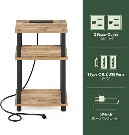 Furinno Just 3-Tier Turn-N-Tube USB and Type-C Charging Port End Table with Open Storage, 11.42 (W) x 8.82 (H) x 6.77 (D) inches, Flagstaff Oak/Black
