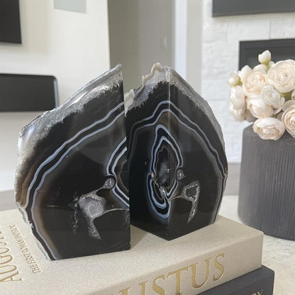 JIC Gem Black Agate Bookend(s) Bookends for Shelves to Hold Books geode bookends with Rubber Bumpers for Office and Home Decoration(1 Pair 2 to 3 Lbs)