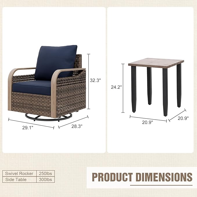 Modern Wicker Bistro Table and Chairs Set, Rattan Outdoor Bistro Set for Patio, Wicker Patio Swivel Rocking Chairs & Table, 3 Pieces, Brown/Blue